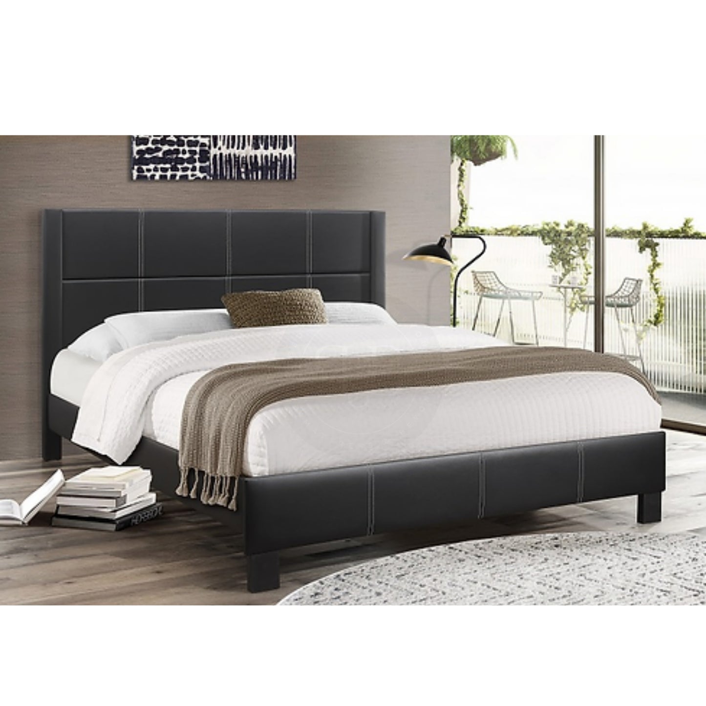 Black PU-Leatherette with White Contrasting Hem Headboard-Bed Frame