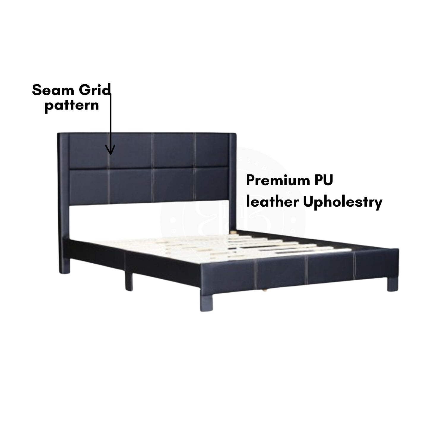 Black PU-Leatherette with White Contrasting Hem Headboard-Bed Frame